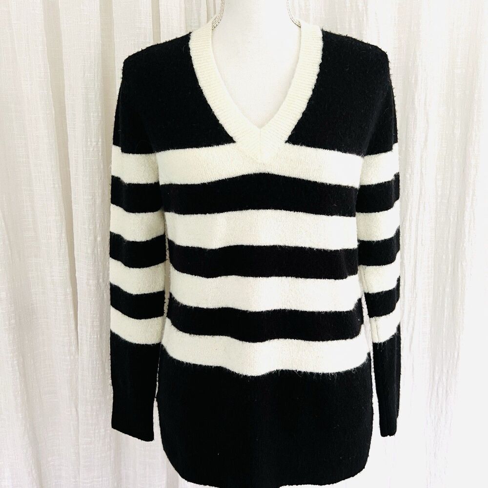 Calvin Klein Black & White Striped Wool Blend Soft Stretchy Cozy Sweater Small